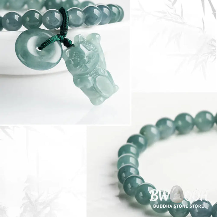 Buddha Stones Blue Jade Peace Buckle Lucky Cat Prosperity Bracelet - Jade(Wrist circumference: 14-16cm) - Bracelet