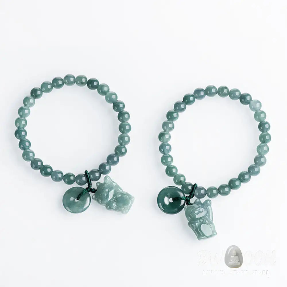 Buddha Stones Blue Jade Peace Buckle Lucky Cat Prosperity Bracelet - Jade(Wrist circumference: 14-16cm) - Bracelet
