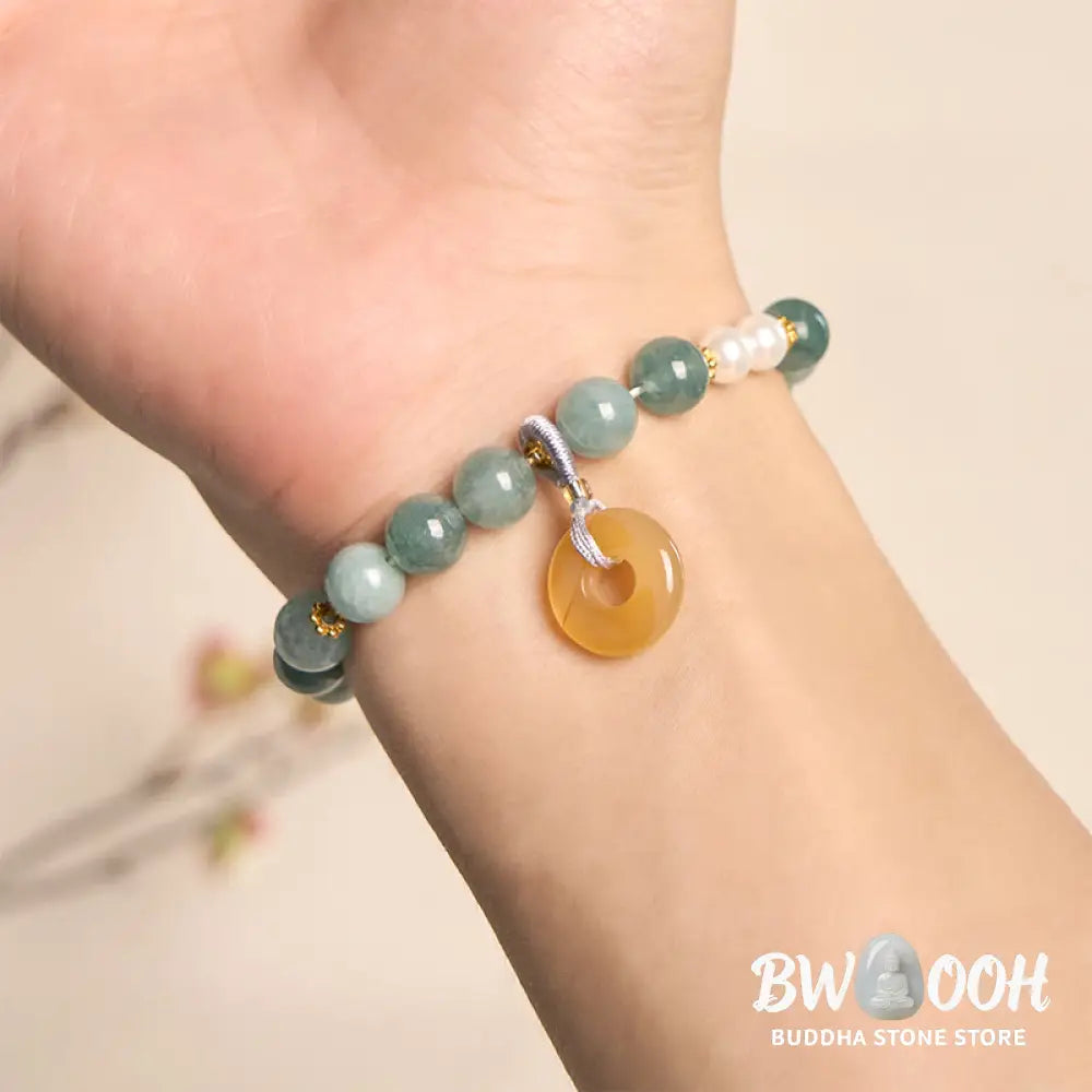 Buddha Stones Blue Jade Peace Buckle Pearl Beads Prosperity Bracelet - Jade(Wrist circumference: 15-16cm) - Bracelet