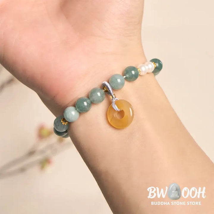 Buddha Stones Blue Jade Peace Buckle Pearl Beads Prosperity Bracelet - Jade(Wrist circumference: 15-16cm) - Bracelet