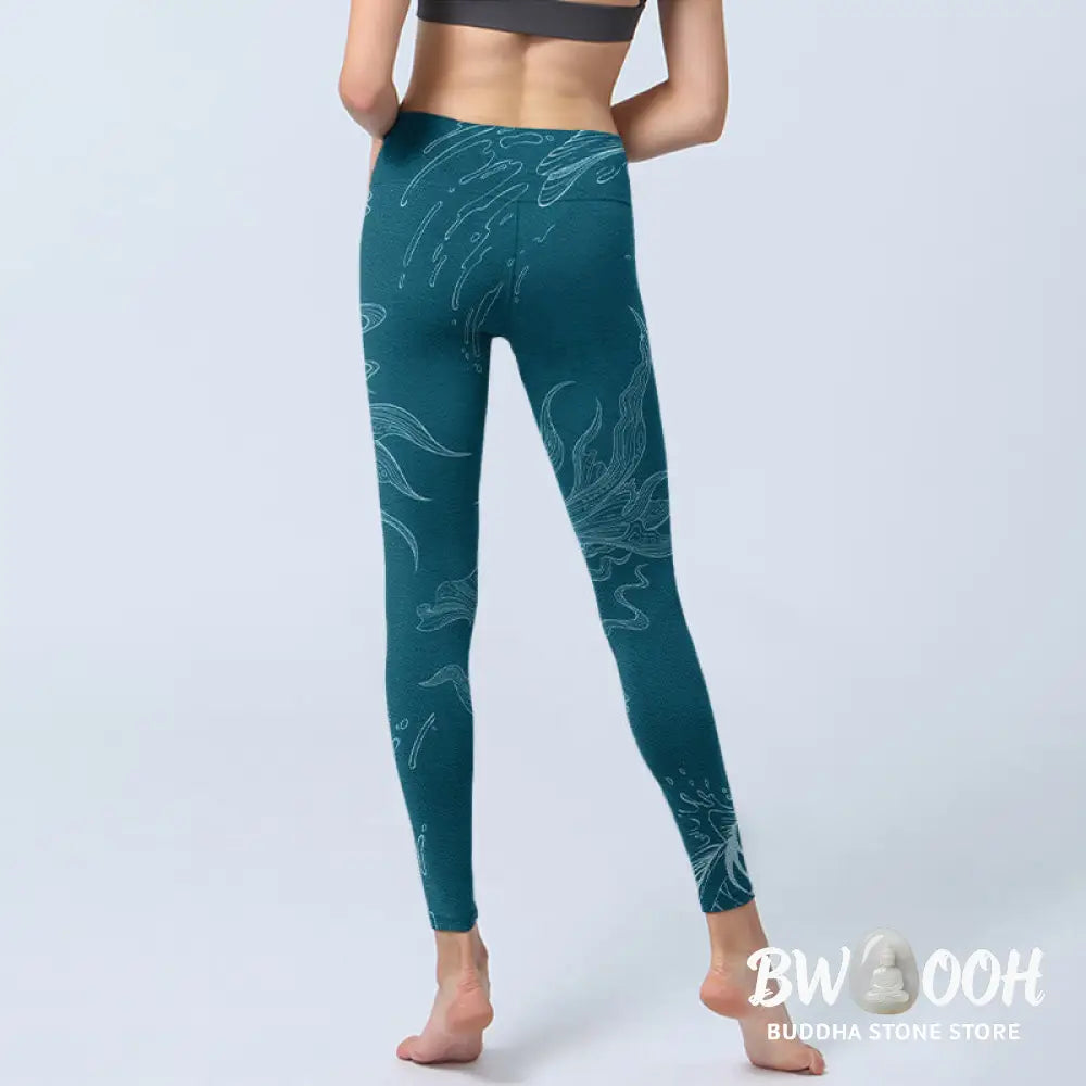 BWOOOH koi fish print yoga leggings - Blue Koi Fish Flowing Waves Print Gym Le