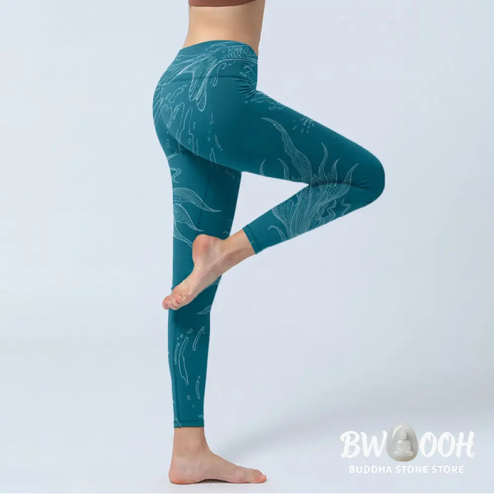 BWOOOH koi fish print yoga leggings - Blue Koi Fish Flowing Waves Print Gym Le