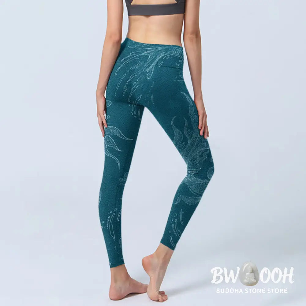 BWOOOH koi fish print yoga leggings - Blue Koi Fish Flowing Waves Print Gym Le