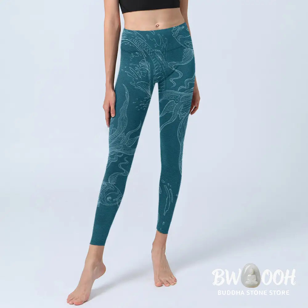BWOOOH koi fish print yoga leggings - Blue Koi Fish Flowing Waves Print Gym Le