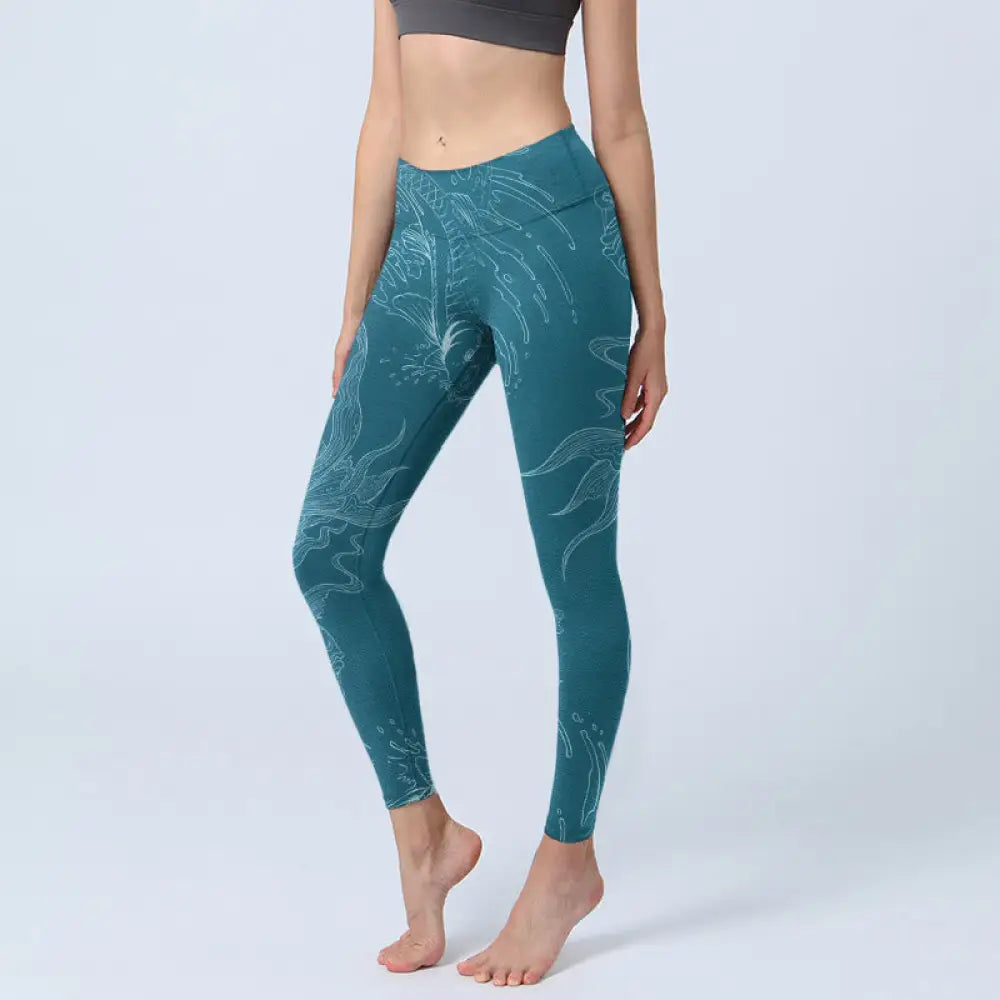 BWOOOH koi fish print yoga leggings - Blue Koi Fish Flowing Waves Print Gym Le