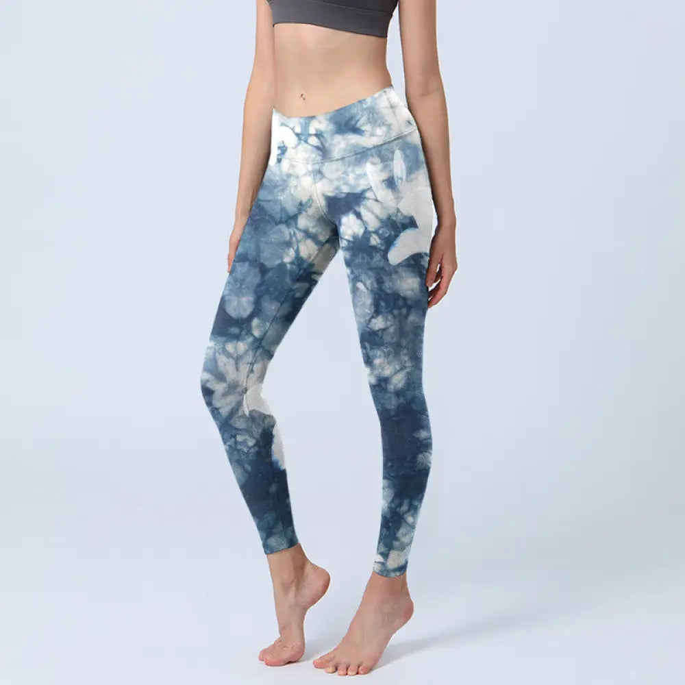 BWOOOH printed yoga leggings - Blue Lily Flowers Watercolor Texture Pri