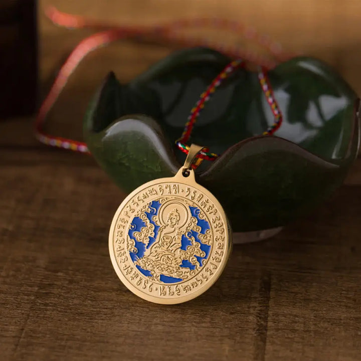 Buddha Stones Blue Medicine Buddha Heart Mantra Titanium Steel Faith Colored Rope Necklace Pendant - BWOOOH - Golden