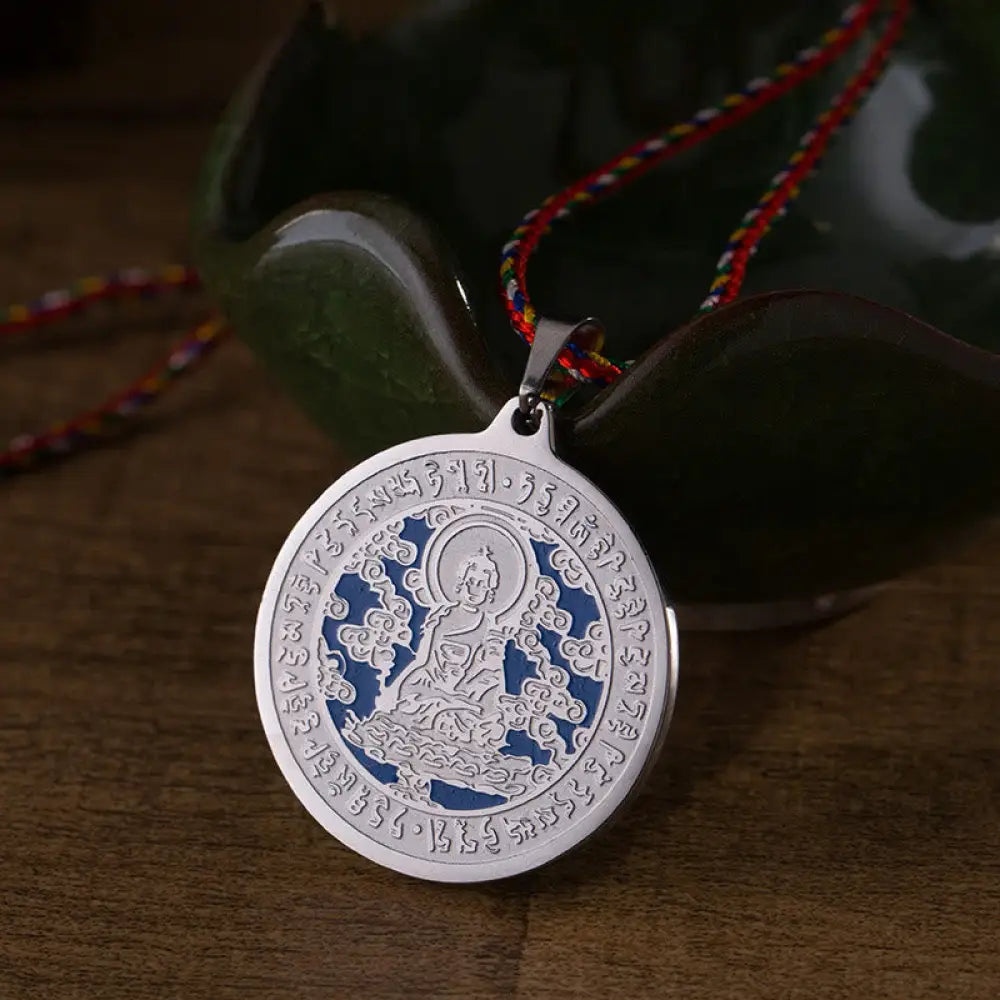 Buddha Stones Blue Medicine Buddha Heart Mantra Titanium Steel Faith Colored Rope Necklace Pendant - BWOOOH - Silvery
