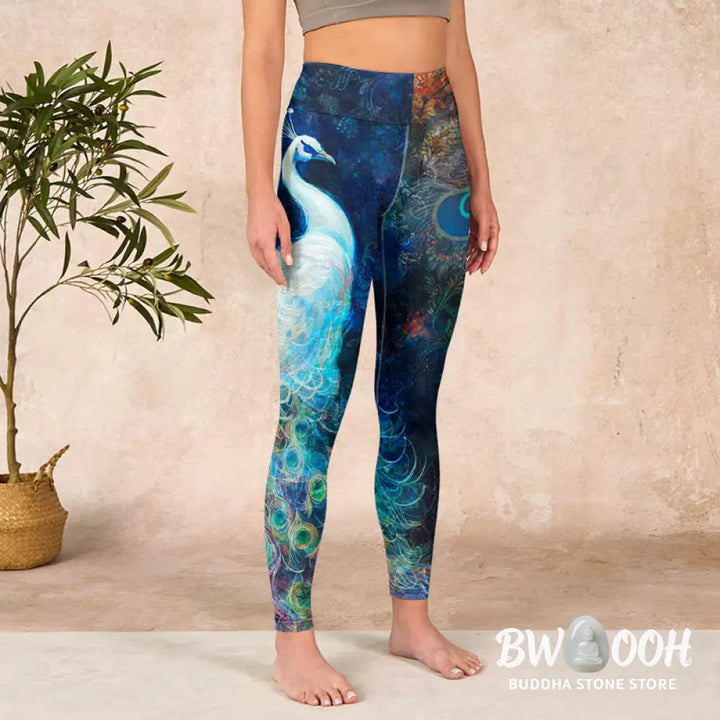 BWOOOH peacock print yoga leggings - Blue Peacock Colorful Feathers Print Gym