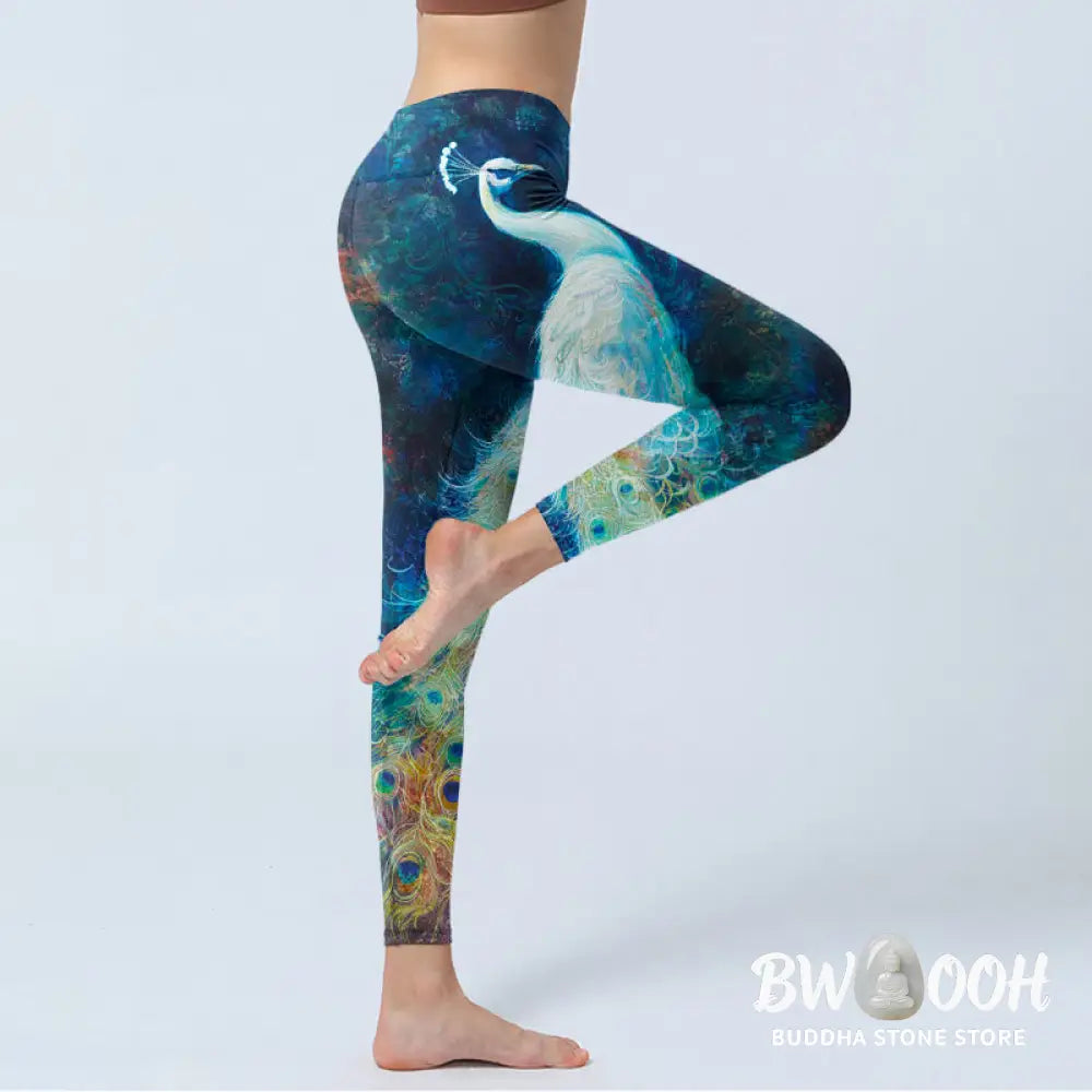 BWOOOH peacock print yoga leggings - Blue Peacock Colorful Feathers Print Gym