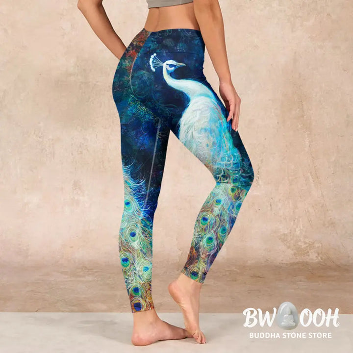 BWOOOH peacock print yoga leggings - Blue Peacock Colorful Feathers Print Gym