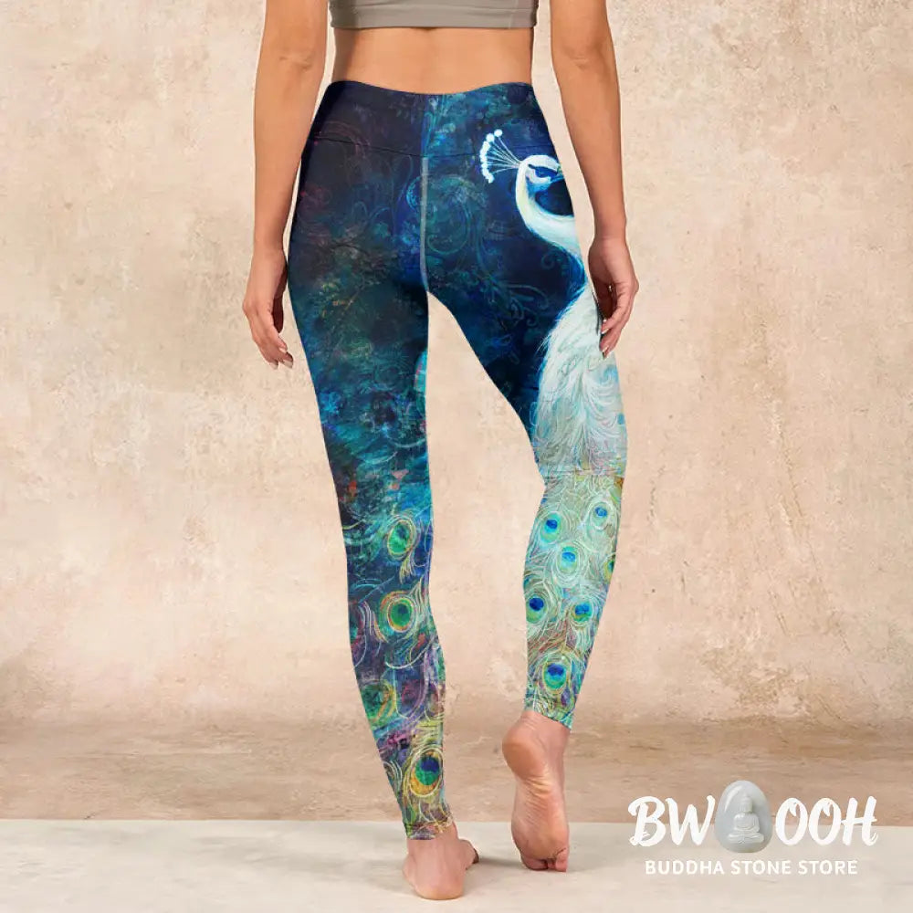 BWOOOH peacock print yoga leggings - Blue Peacock Colorful Feathers Print Gym
