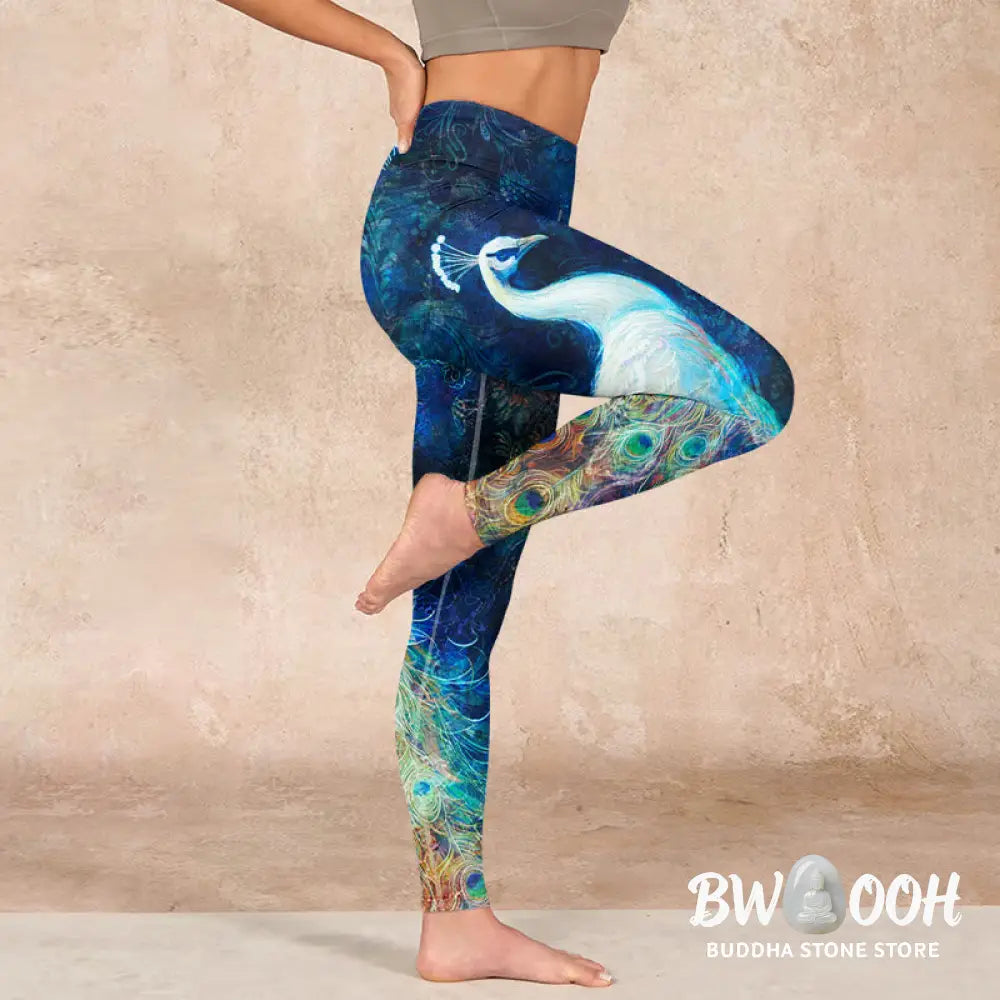 BWOOOH peacock print yoga leggings - Blue Peacock Colorful Feathers Print Gym