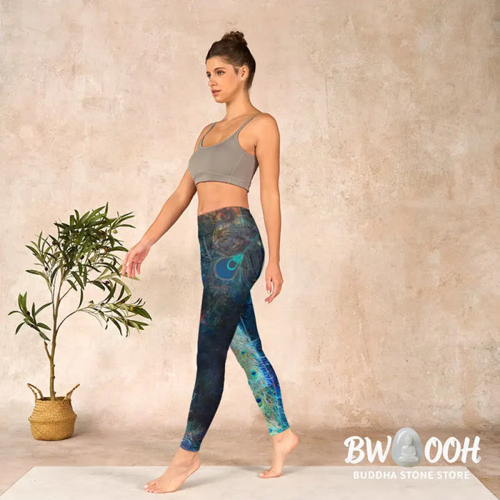 BWOOOH peacock print yoga leggings - Blue Peacock Colorful Feathers Print Gym