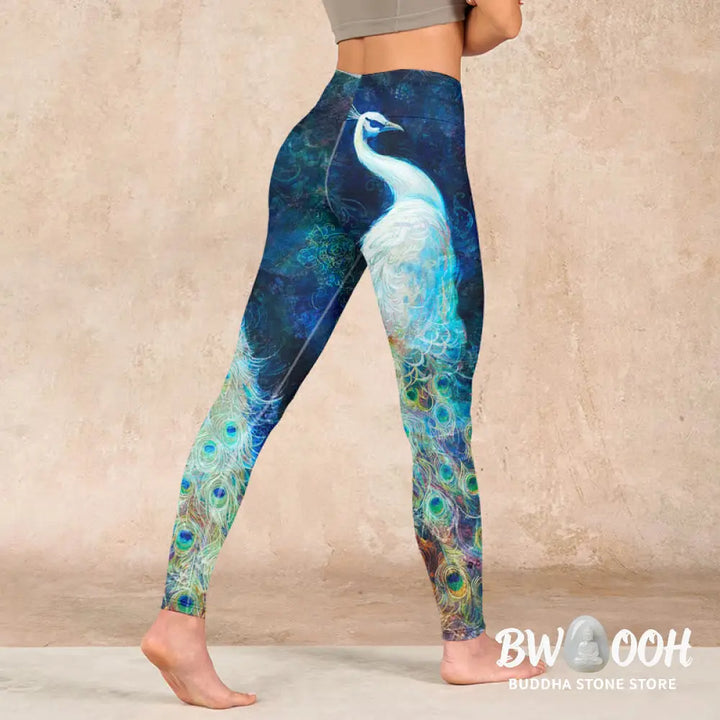 BWOOOH peacock print yoga leggings - Blue Peacock Colorful Feathers Print Gym