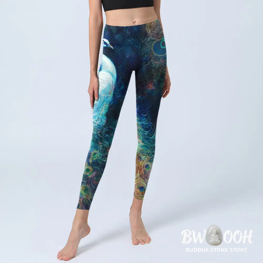 BWOOOH peacock print yoga leggings - Blue Peacock Colorful Feathers Print Gym