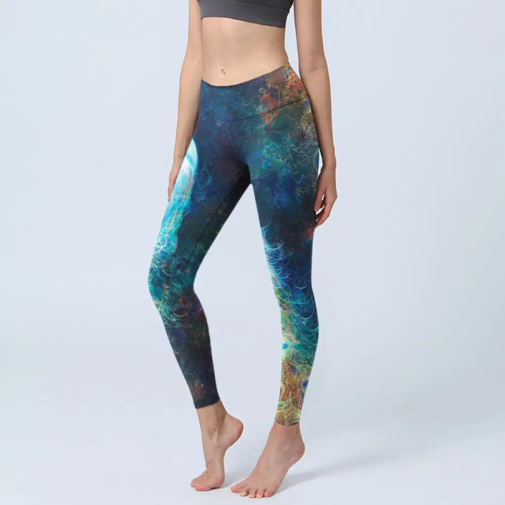 BWOOOH peacock print yoga leggings - Blue Peacock Colorful Feathers Print Gym