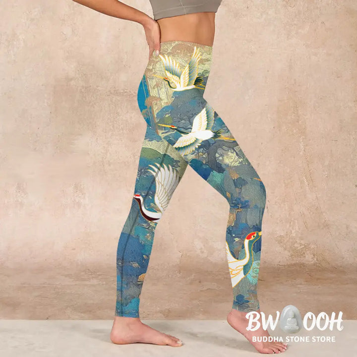 BWOOOH printed yoga leggings - Blue Red-crowned Crane Pine Tree Print G