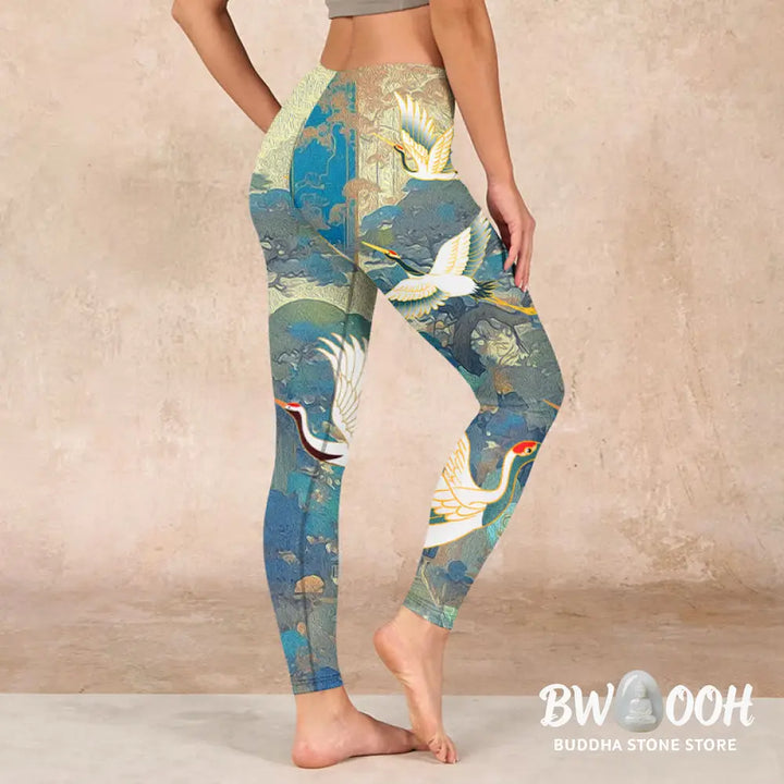 BWOOOH printed yoga leggings - Blue Red-crowned Crane Pine Tree Print G