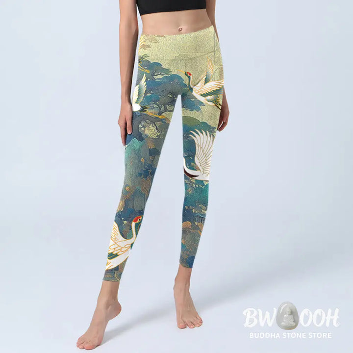 BWOOOH printed yoga leggings - Blue Red-crowned Crane Pine Tree Print G