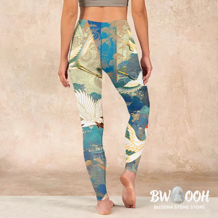 BWOOOH printed yoga leggings - Blue Red-crowned Crane Pine Tree Print G