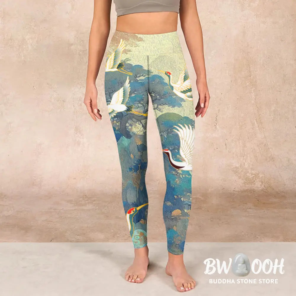 BWOOOH printed yoga leggings - Blue Red-crowned Crane Pine Tree Print G