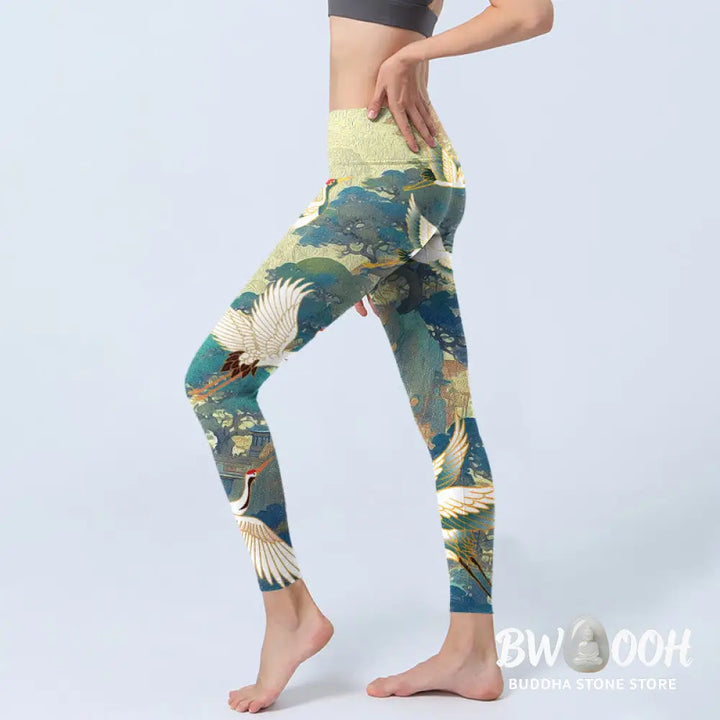 BWOOOH printed yoga leggings - Blue Red-crowned Crane Pine Tree Print G