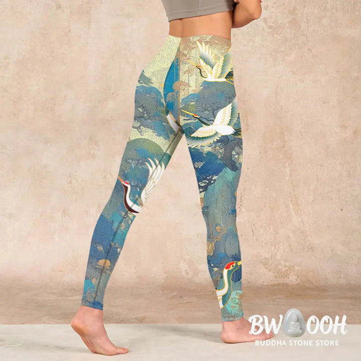 BWOOOH printed yoga leggings - Blue Red-crowned Crane Pine Tree Print G