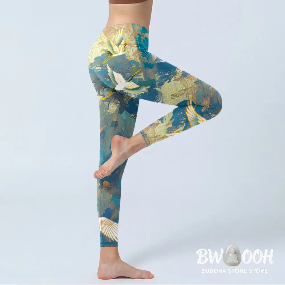 BWOOOH printed yoga leggings - Blue Red-crowned Crane Pine Tree Print G