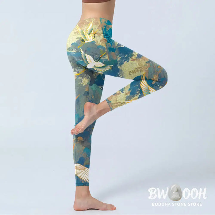 BWOOOH printed yoga leggings - Blue Red-crowned Crane Pine Tree Print G