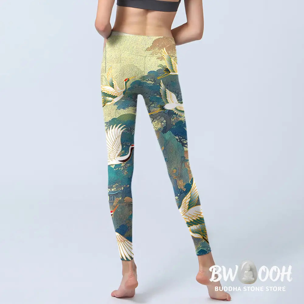 BWOOOH printed yoga leggings - Blue Red-crowned Crane Pine Tree Print G