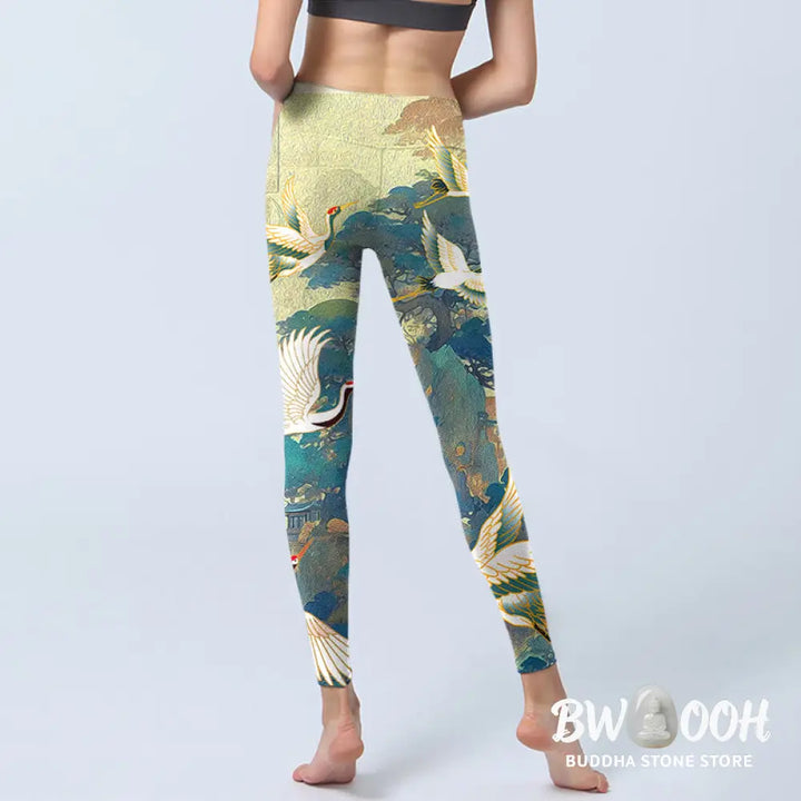 BWOOOH printed yoga leggings - Blue Red-crowned Crane Pine Tree Print G