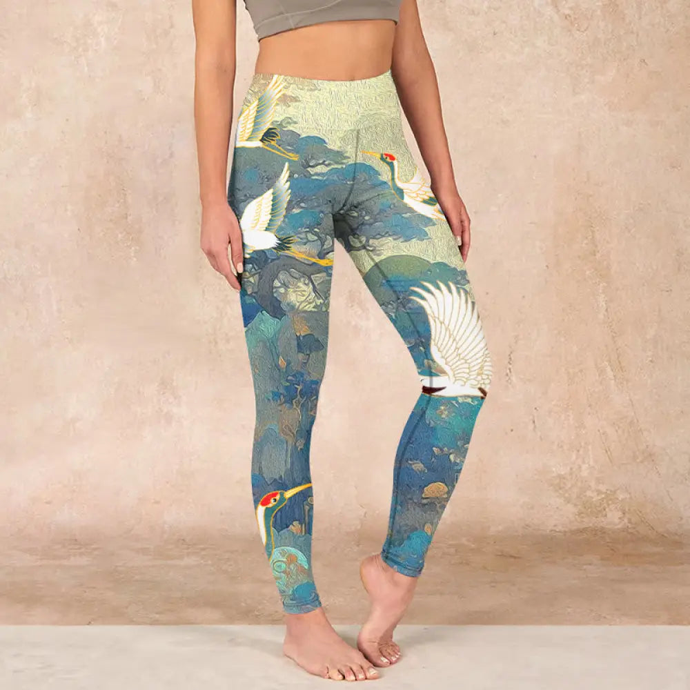 BWOOOH printed yoga leggings - Blue Red-crowned Crane Pine Tree Print G