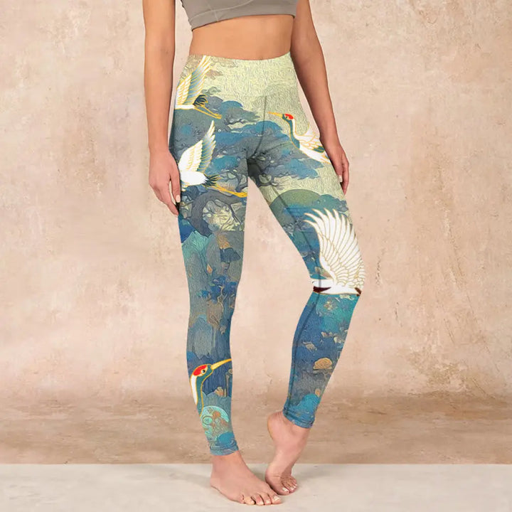 BWOOOH printed yoga leggings - Blue Red-crowned Crane Pine Tree Print G