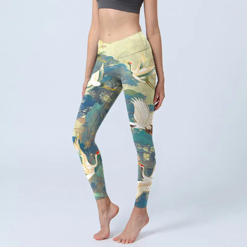 BWOOOH printed yoga leggings - Blue Red-crowned Crane Pine Tree Print G