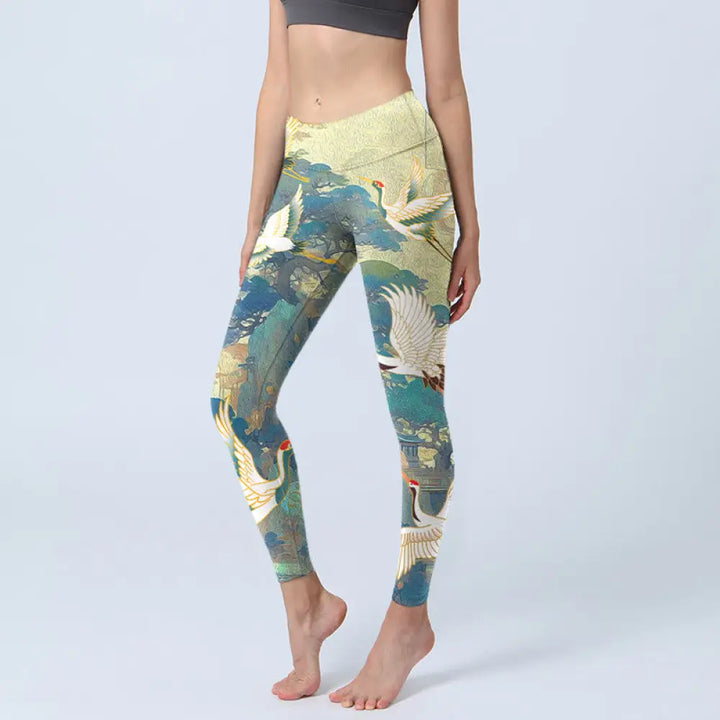 BWOOOH printed yoga leggings - Blue Red-crowned Crane Pine Tree Print G