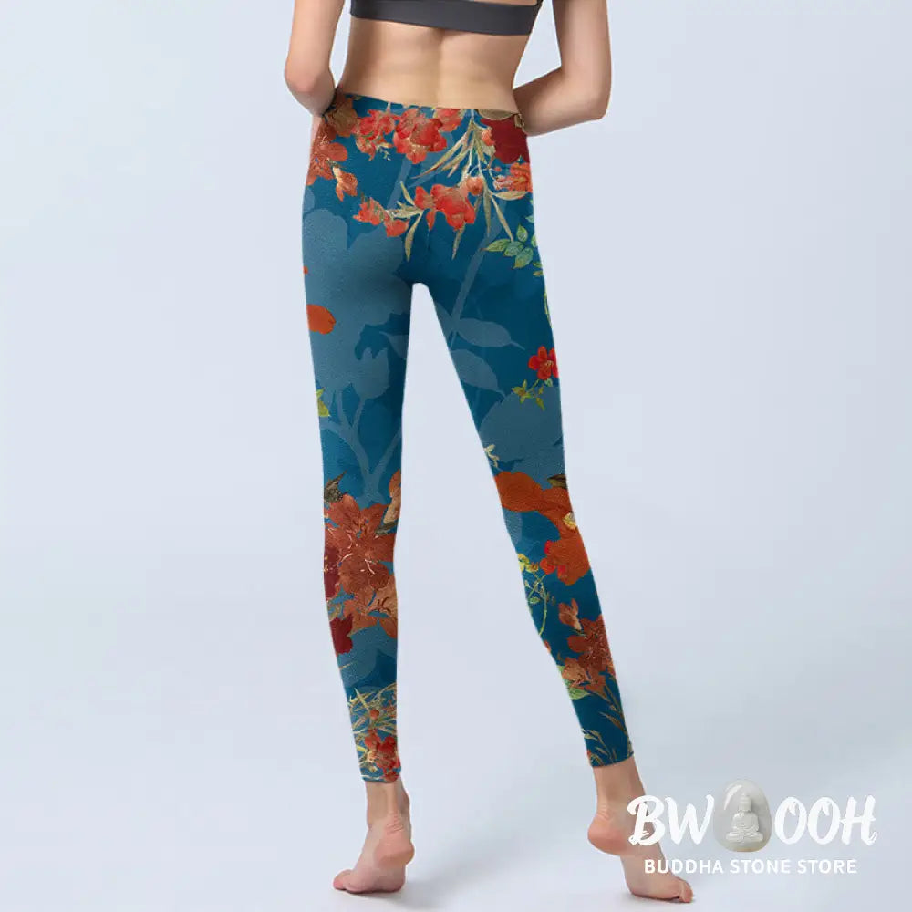 BWOOOH printed yoga leggings - Blue Red Flowers Birds Print Gym Legging