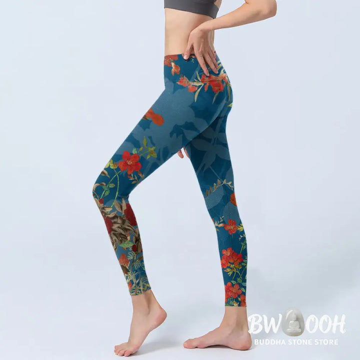 BWOOOH printed yoga leggings - Blue Red Flowers Birds Print Gym Legging