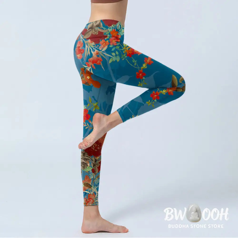 BWOOOH printed yoga leggings - Blue Red Flowers Birds Print Gym Legging