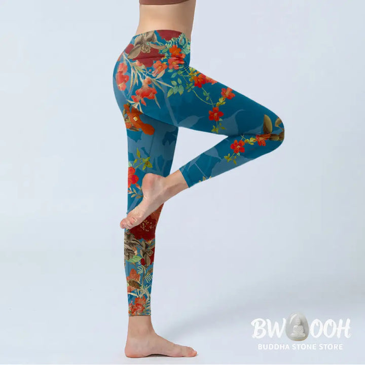 BWOOOH printed yoga leggings - Blue Red Flowers Birds Print Gym Legging
