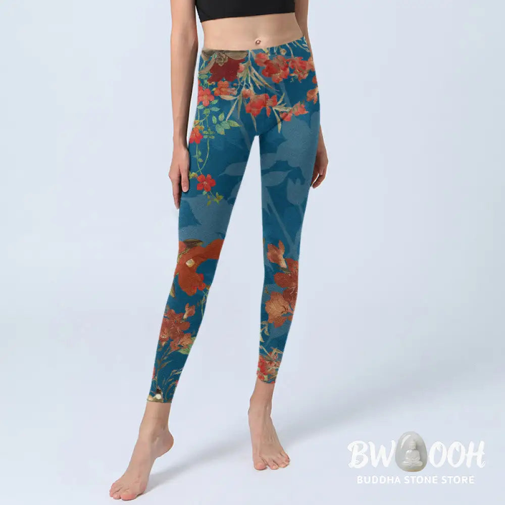 BWOOOH printed yoga leggings - Blue Red Flowers Birds Print Gym Legging
