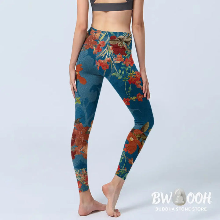 BWOOOH printed yoga leggings - Blue Red Flowers Birds Print Gym Legging
