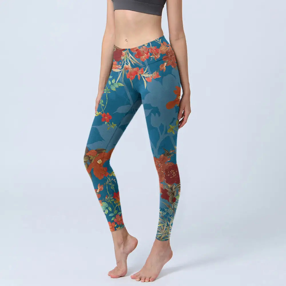 BWOOOH printed yoga leggings - Blue Red Flowers Birds Print Gym Legging