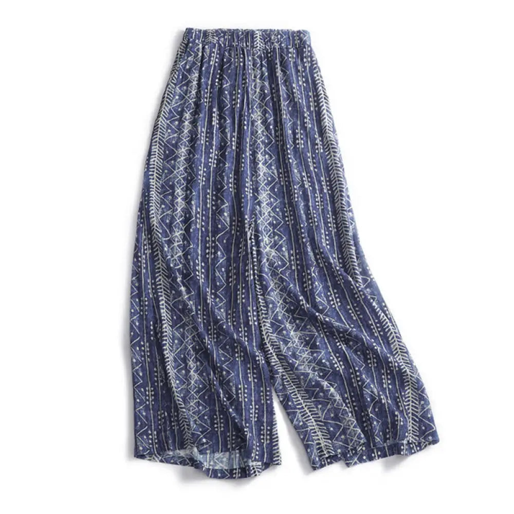 BWOOOH printed wide-leg yoga pants - Blue Stripes Print Cotton Linen Wide Leg