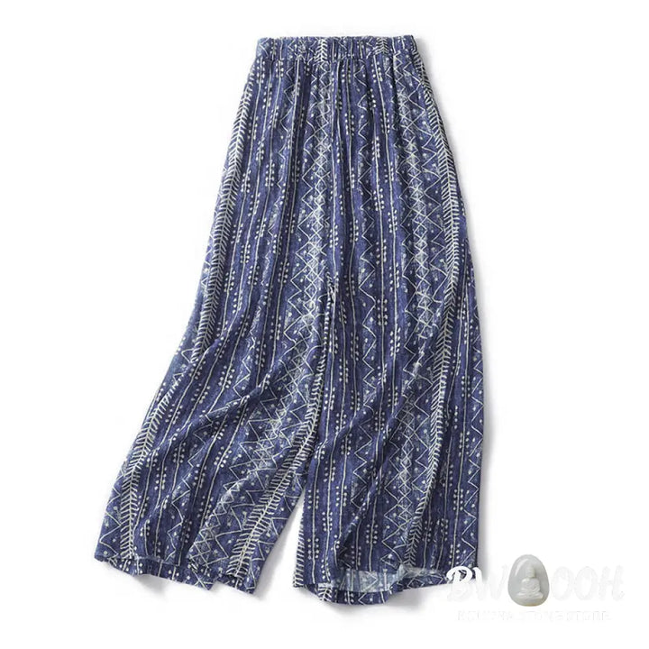 BWOOOH printed wide-leg yoga pants - Blue Stripes Print Cotton Linen Wide Leg