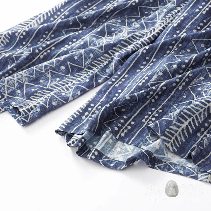 BWOOOH printed wide-leg yoga pants - Blue Stripes Print Cotton Linen Wide Leg
