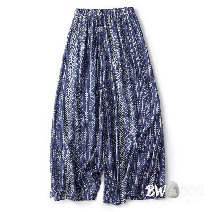 BWOOOH printed wide-leg yoga pants - Blue Stripes Print Cotton Linen Wide Leg