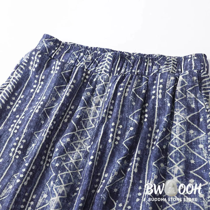 BWOOOH printed wide-leg yoga pants - Blue Stripes Print Cotton Linen Wide Leg