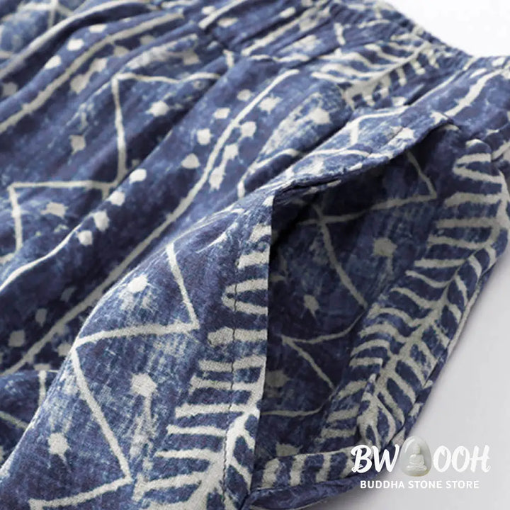 BWOOOH printed wide-leg yoga pants - Blue Stripes Print Cotton Linen Wide Leg