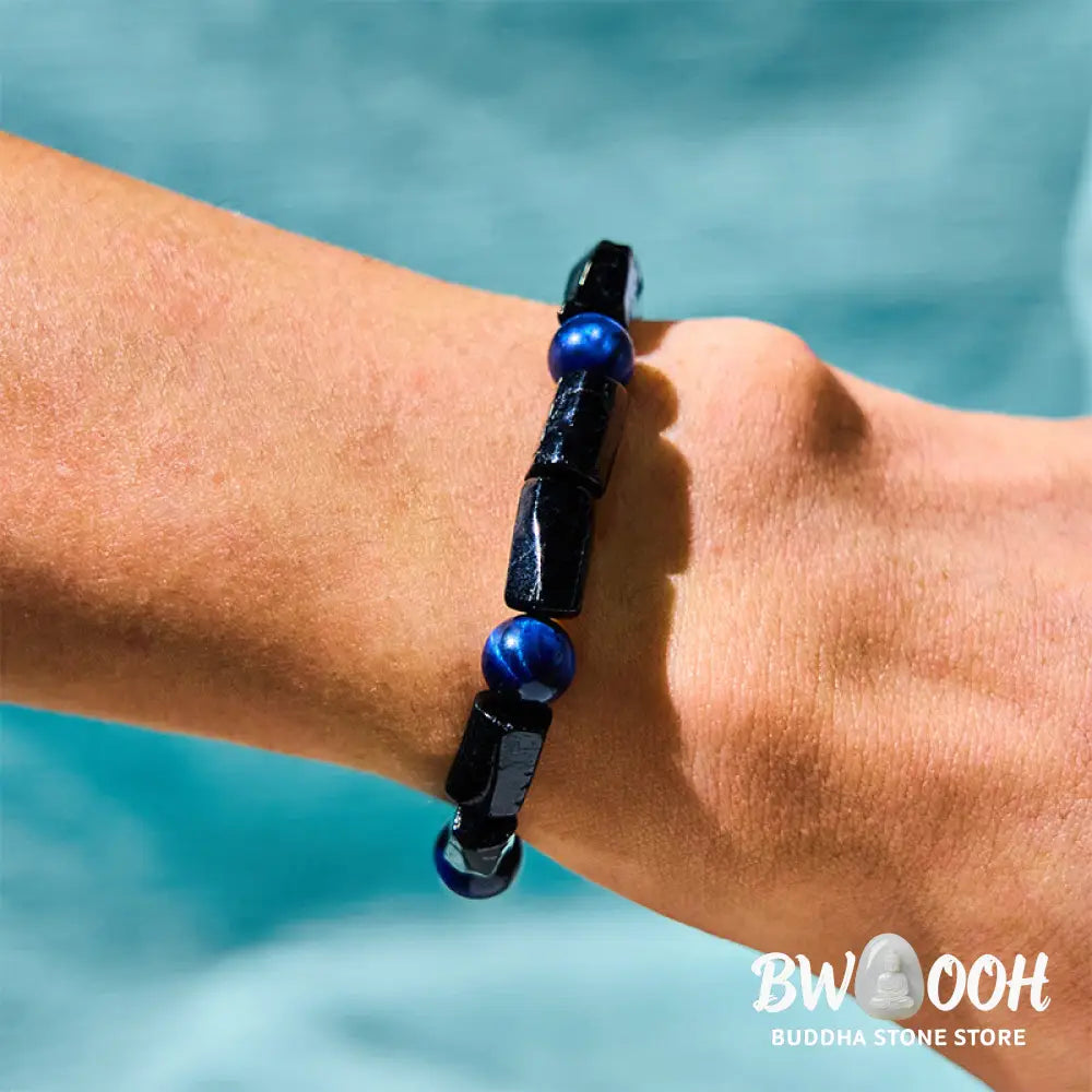 Buddha Stones Blue Tiger Eye Black Tourmaline Strength Bracelet - BWOOOH - Blue Tiger Eye Black Tourmaline(Wrist